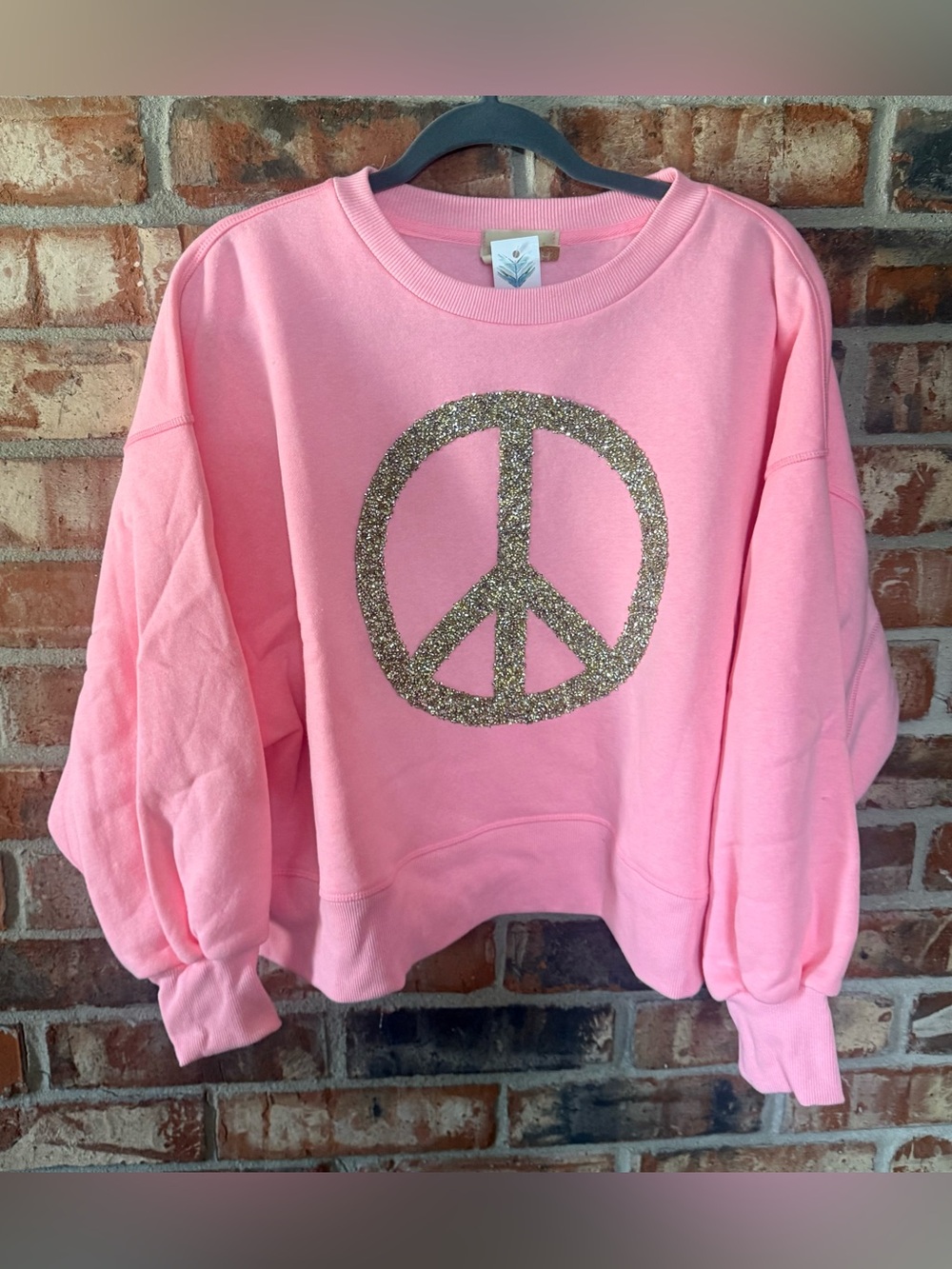 Judith March Pink Sweatshirt with Gold Glitter/beaded Peace Sign